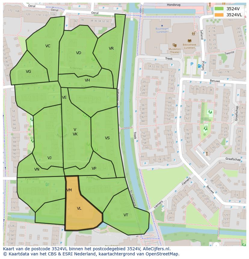 Afbeelding van het postcodegebied 3524 VL op de kaart.