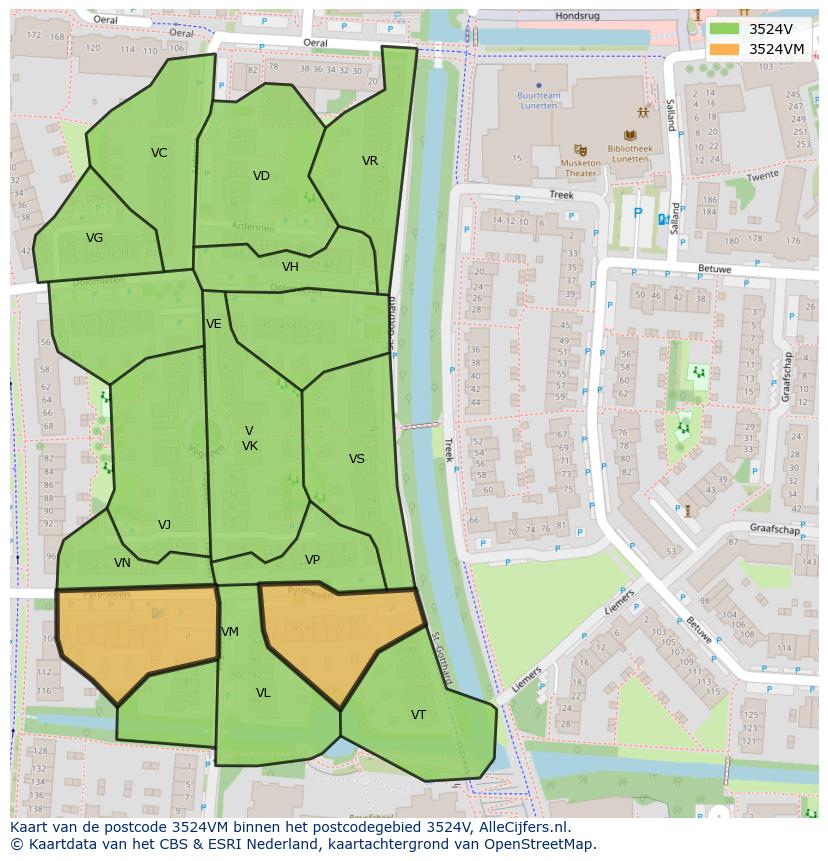 Afbeelding van het postcodegebied 3524 VM op de kaart.