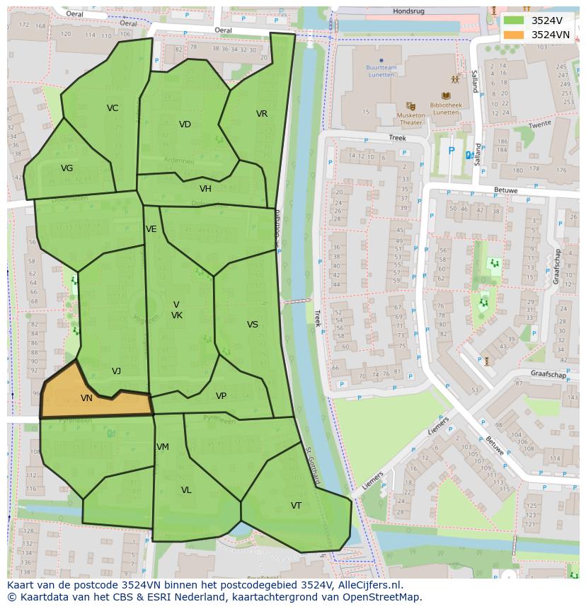 Afbeelding van het postcodegebied 3524 VN op de kaart.