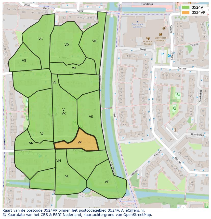 Afbeelding van het postcodegebied 3524 VP op de kaart.