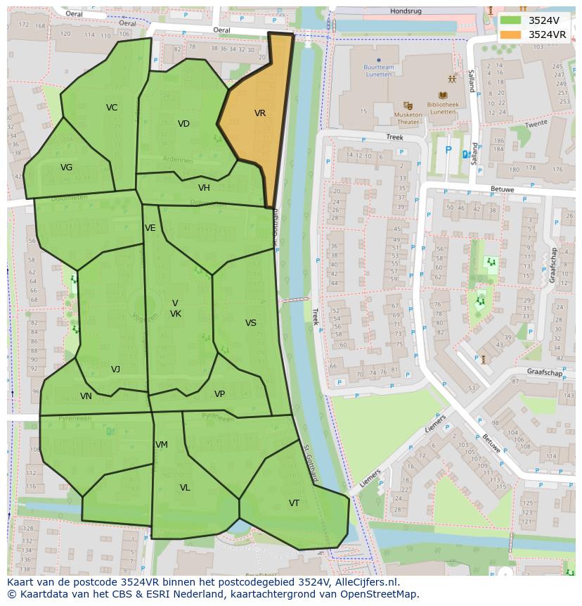 Afbeelding van het postcodegebied 3524 VR op de kaart.