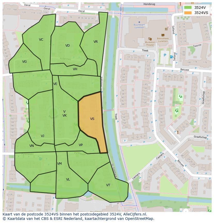 Afbeelding van het postcodegebied 3524 VS op de kaart.