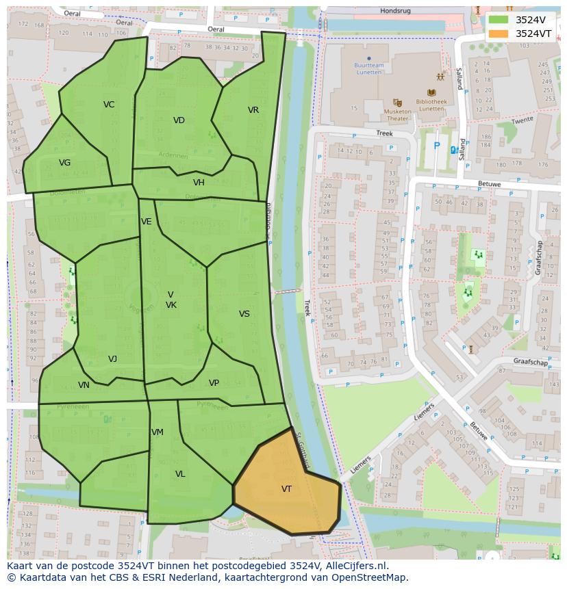 Afbeelding van het postcodegebied 3524 VT op de kaart.