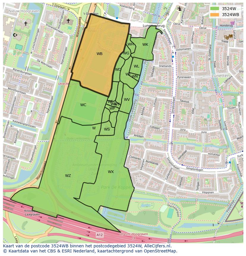 Afbeelding van het postcodegebied 3524 WB op de kaart.