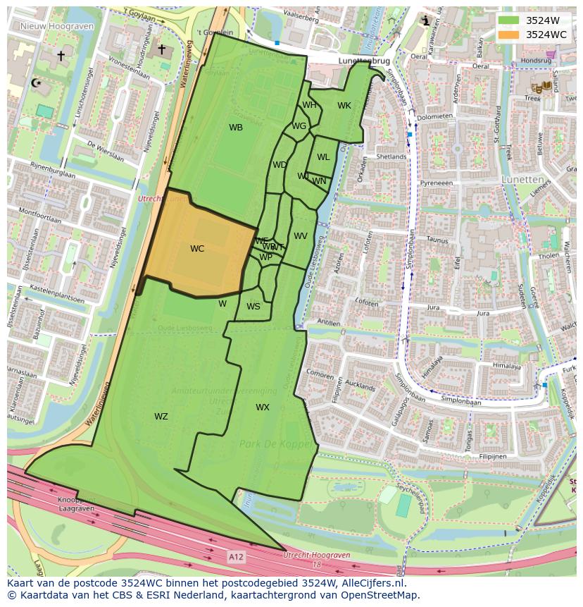 Afbeelding van het postcodegebied 3524 WC op de kaart.