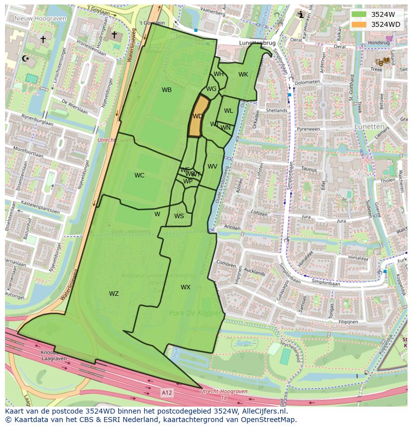 Afbeelding van het postcodegebied 3524 WD op de kaart.