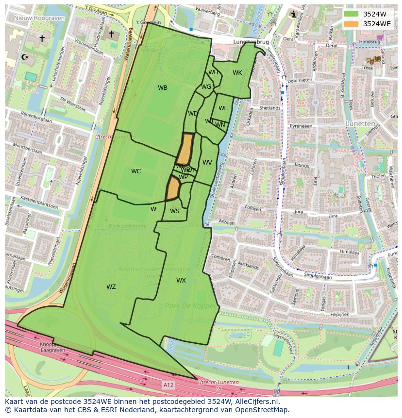 Afbeelding van het postcodegebied 3524 WE op de kaart.