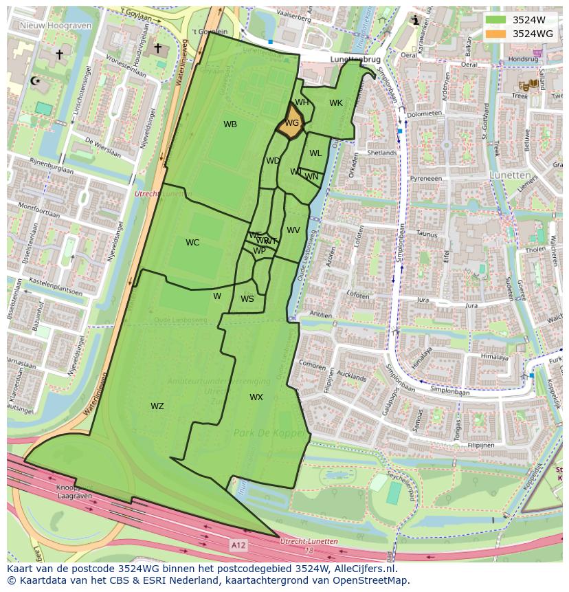Afbeelding van het postcodegebied 3524 WG op de kaart.