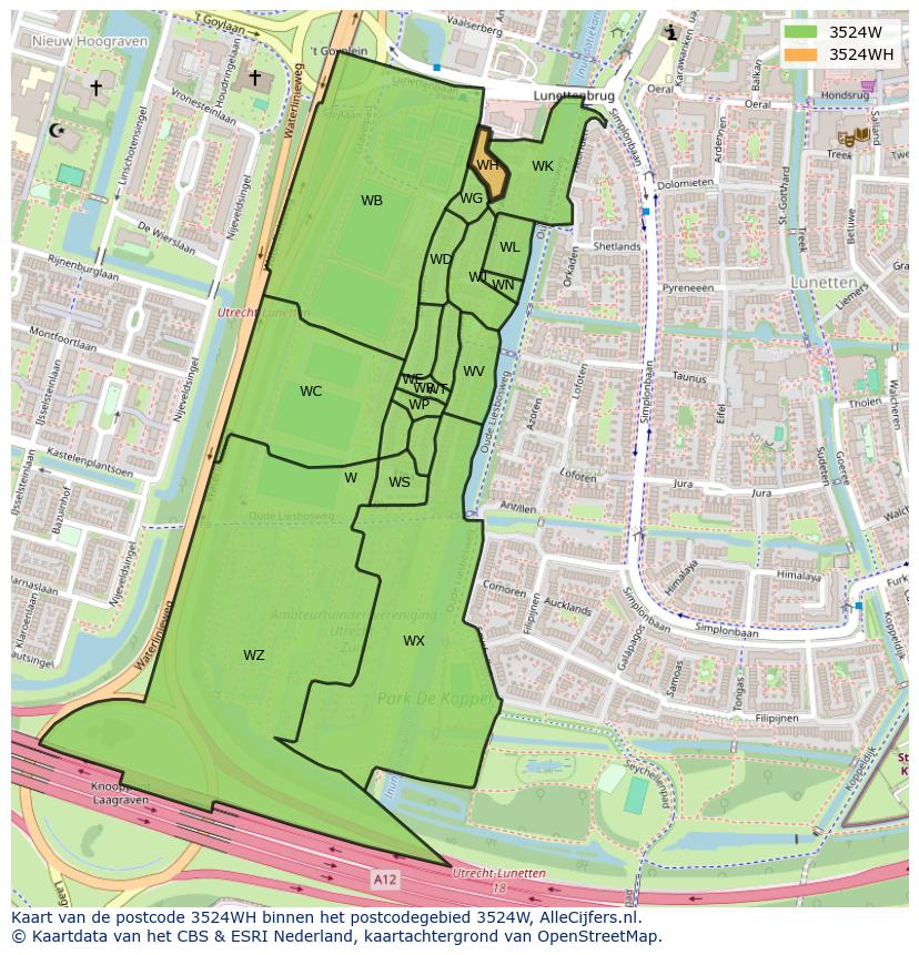 Afbeelding van het postcodegebied 3524 WH op de kaart.