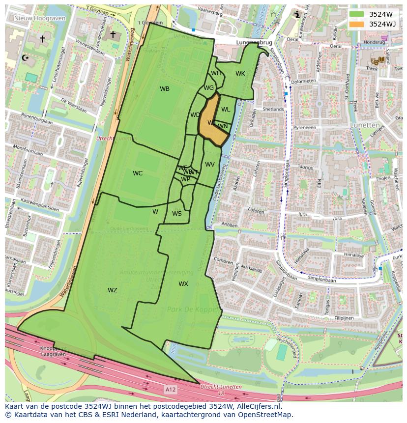 Afbeelding van het postcodegebied 3524 WJ op de kaart.