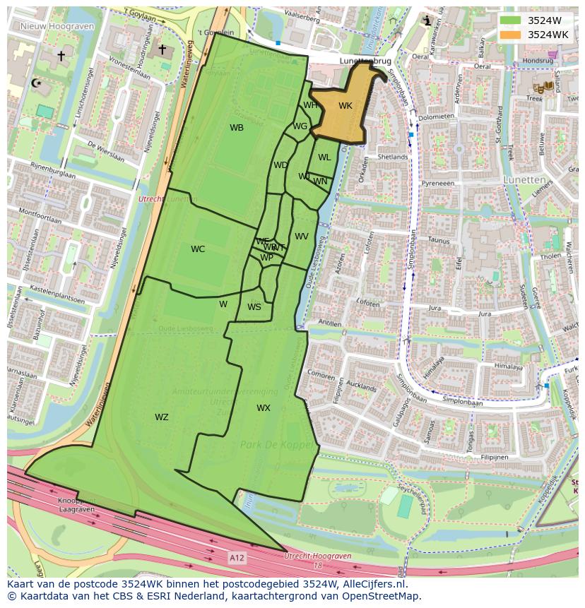 Afbeelding van het postcodegebied 3524 WK op de kaart.