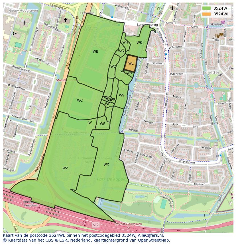 Afbeelding van het postcodegebied 3524 WL op de kaart.