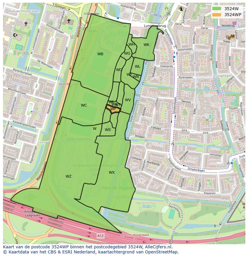 Afbeelding van het postcodegebied 3524 WP op de kaart.