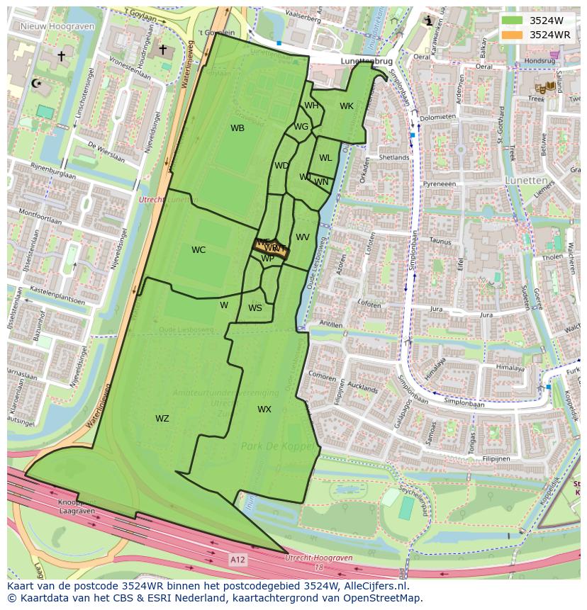 Afbeelding van het postcodegebied 3524 WR op de kaart.