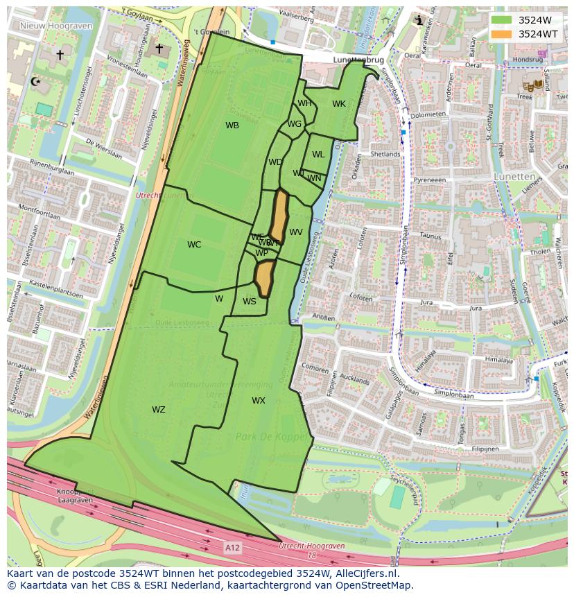 Afbeelding van het postcodegebied 3524 WT op de kaart.