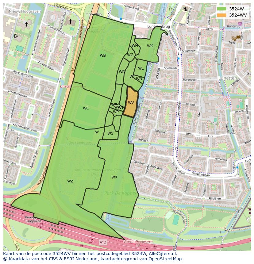 Afbeelding van het postcodegebied 3524 WV op de kaart.
