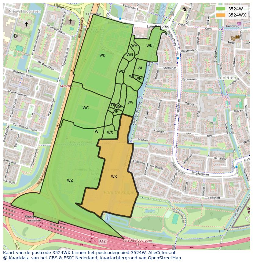 Afbeelding van het postcodegebied 3524 WX op de kaart.