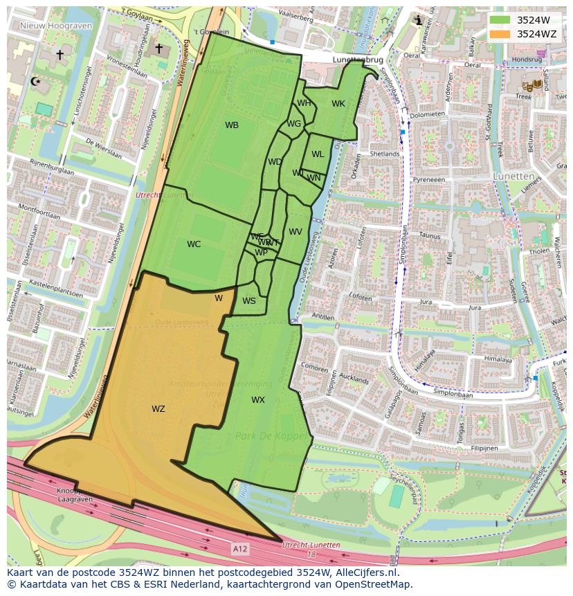 Afbeelding van het postcodegebied 3524 WZ op de kaart.