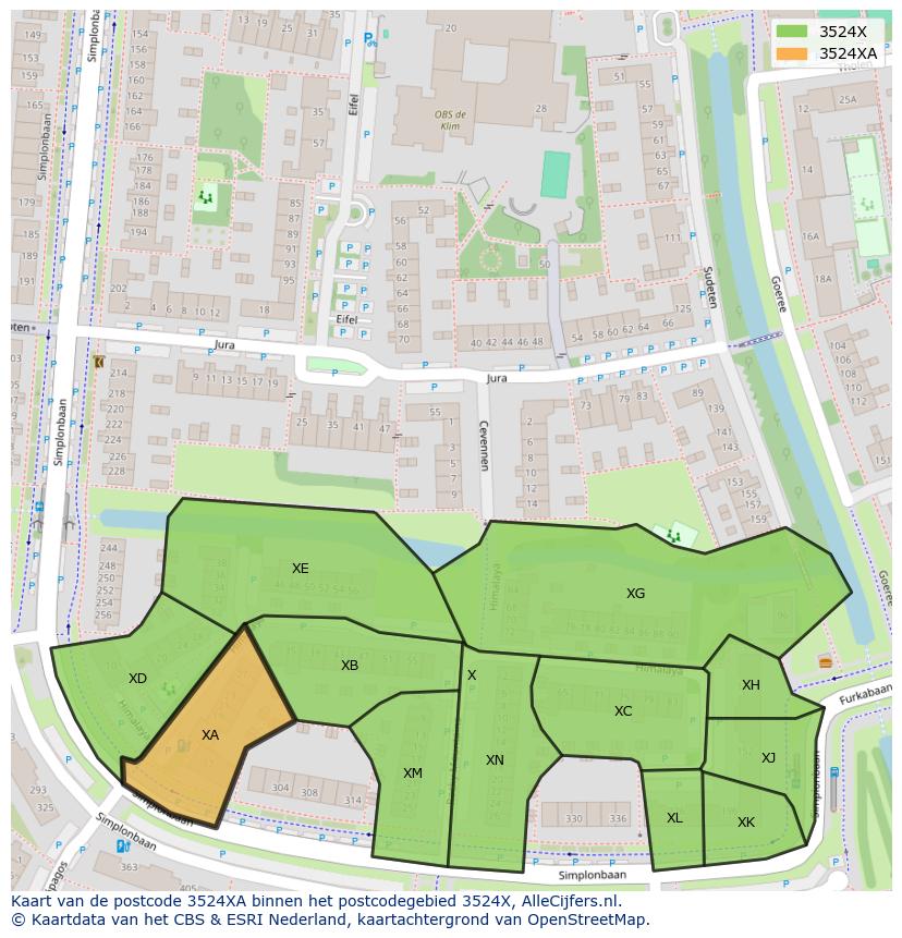 Afbeelding van het postcodegebied 3524 XA op de kaart.