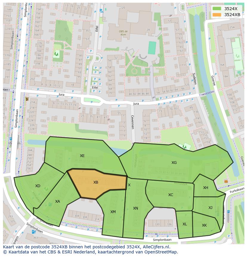 Afbeelding van het postcodegebied 3524 XB op de kaart.