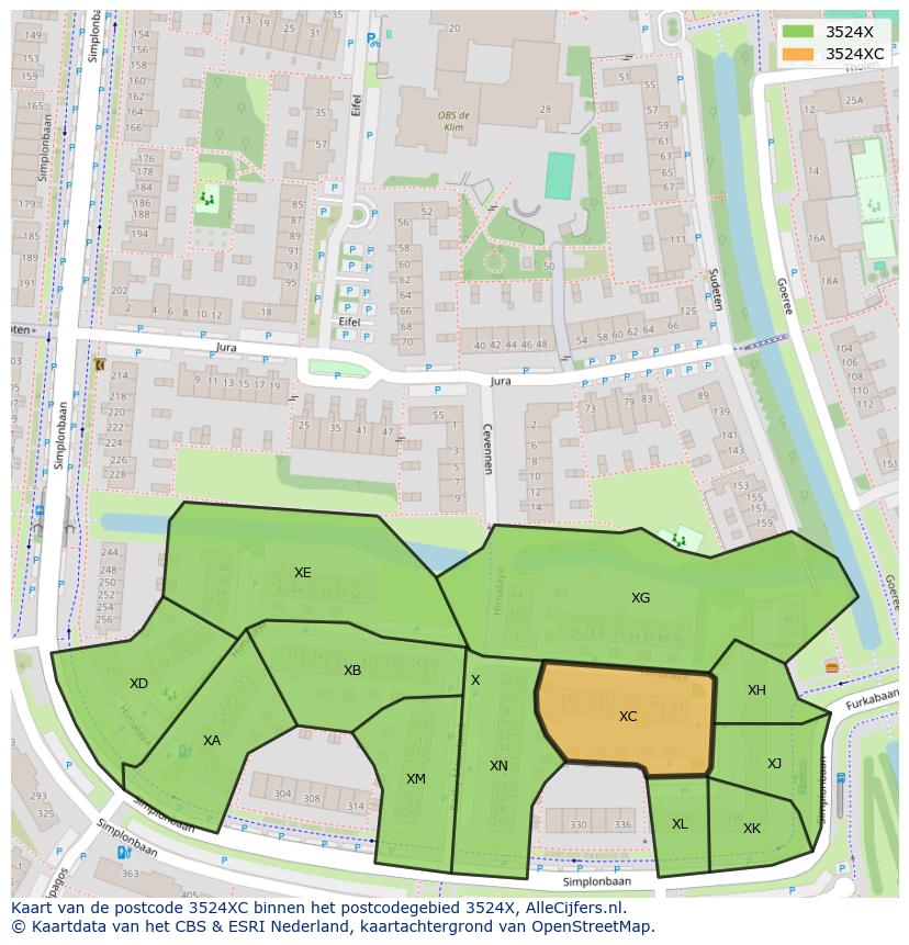 Afbeelding van het postcodegebied 3524 XC op de kaart.