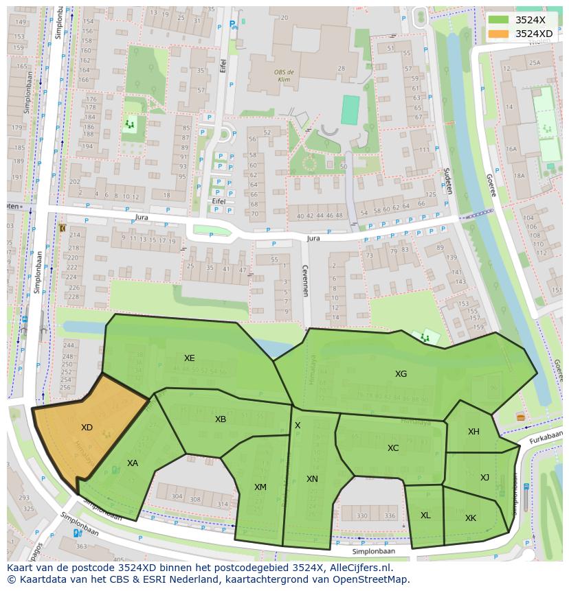 Afbeelding van het postcodegebied 3524 XD op de kaart.