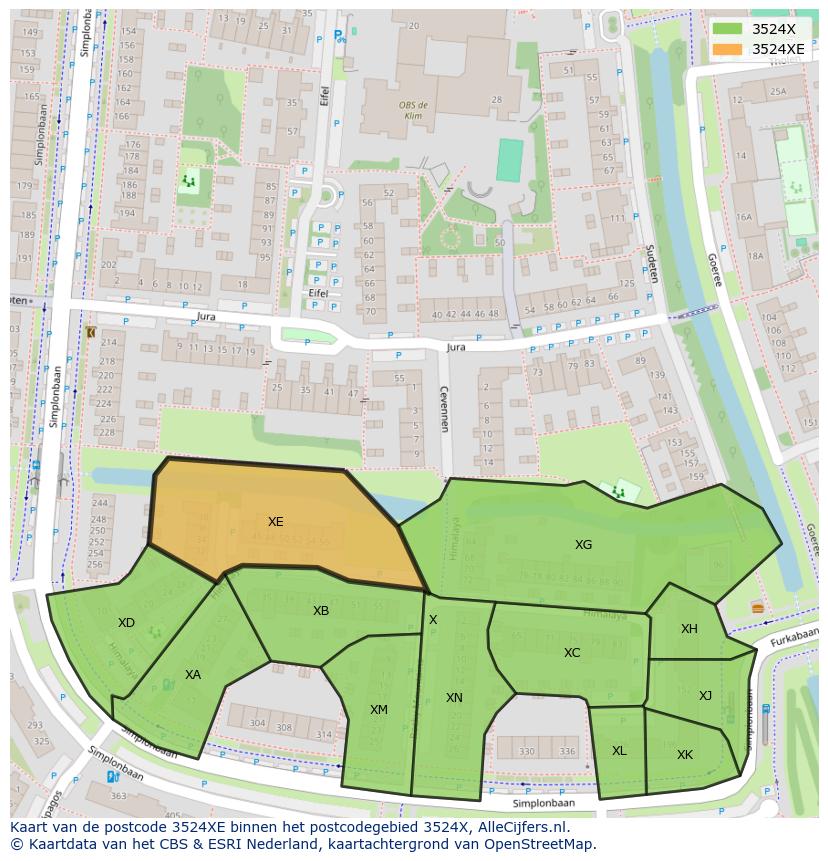 Afbeelding van het postcodegebied 3524 XE op de kaart.