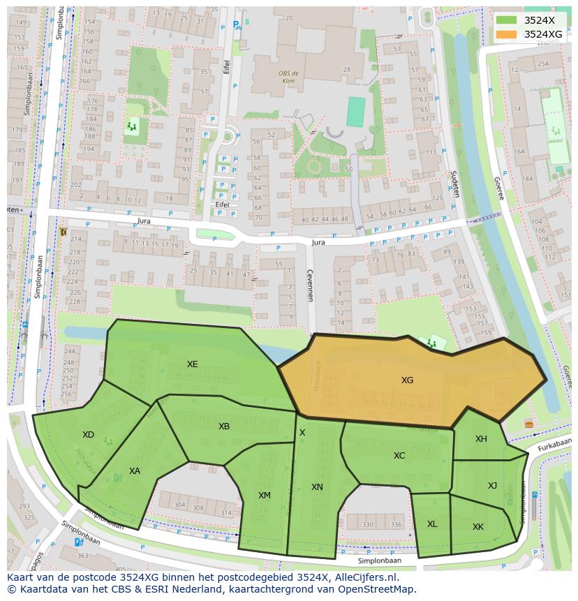 Afbeelding van het postcodegebied 3524 XG op de kaart.