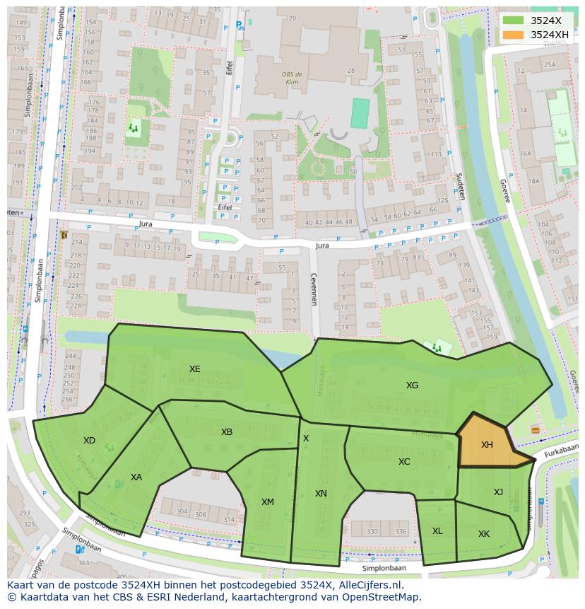 Afbeelding van het postcodegebied 3524 XH op de kaart.