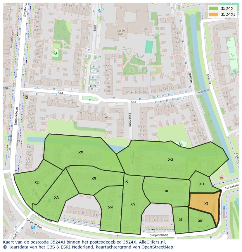 Afbeelding van het postcodegebied 3524 XJ op de kaart.