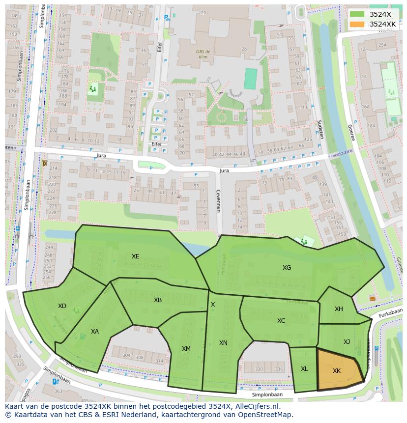 Afbeelding van het postcodegebied 3524 XK op de kaart.