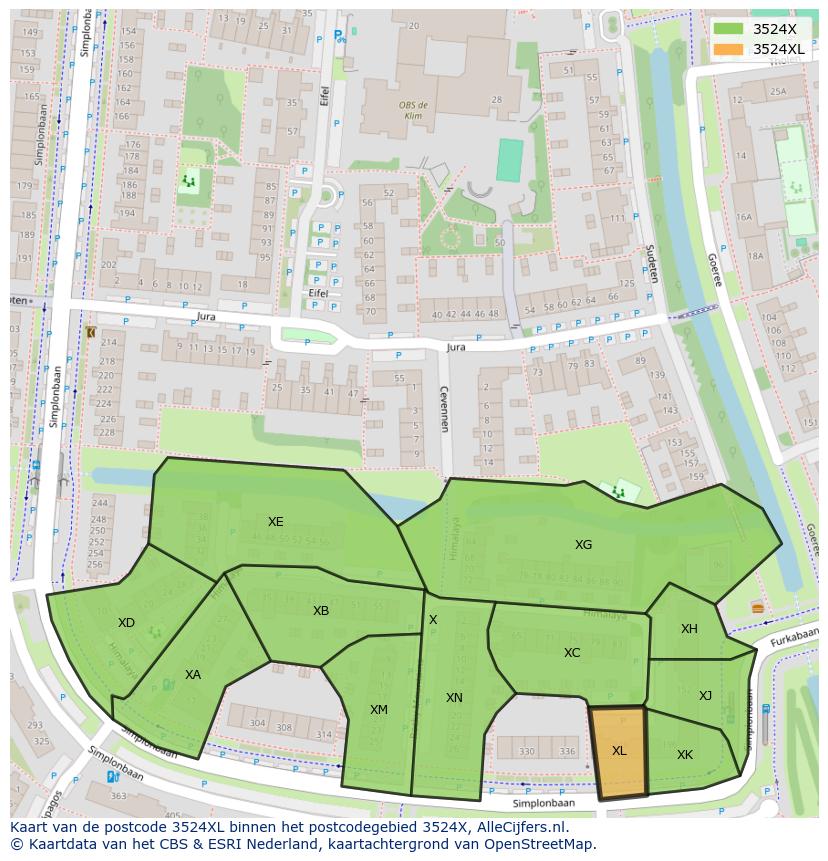 Afbeelding van het postcodegebied 3524 XL op de kaart.