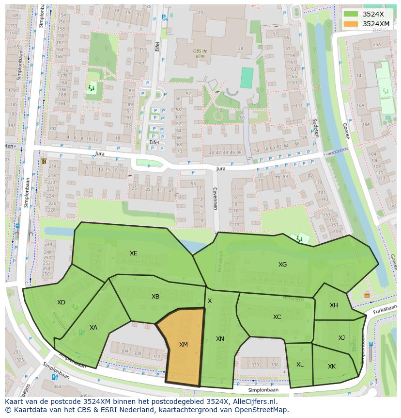 Afbeelding van het postcodegebied 3524 XM op de kaart.