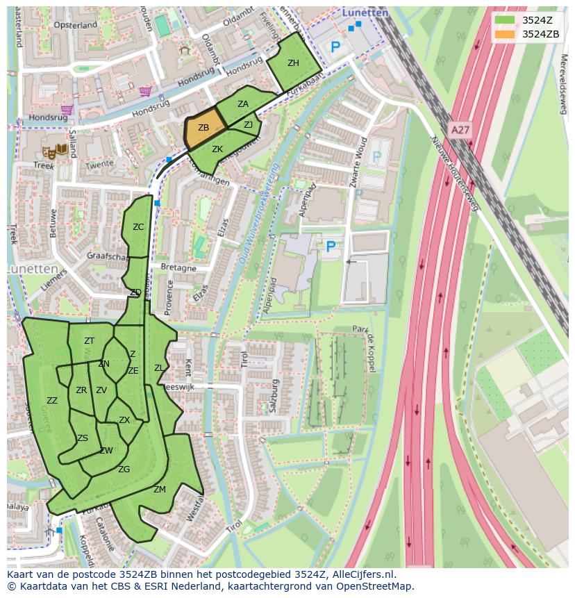 Afbeelding van het postcodegebied 3524 ZB op de kaart.