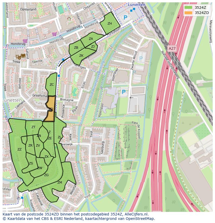 Afbeelding van het postcodegebied 3524 ZD op de kaart.