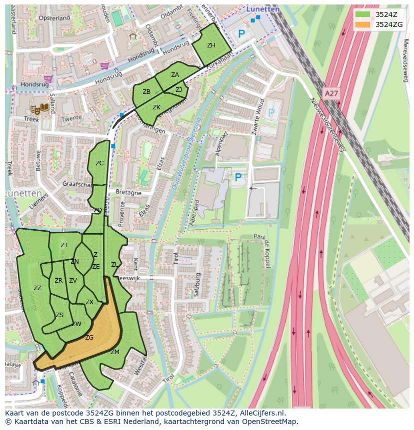 Afbeelding van het postcodegebied 3524 ZG op de kaart.