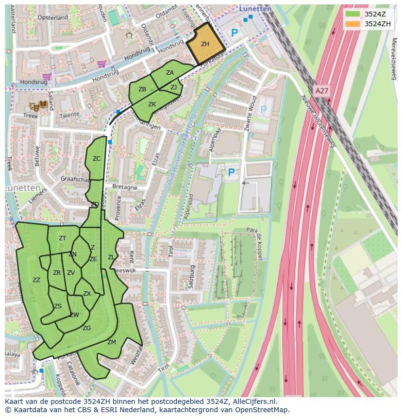 Afbeelding van het postcodegebied 3524 ZH op de kaart.