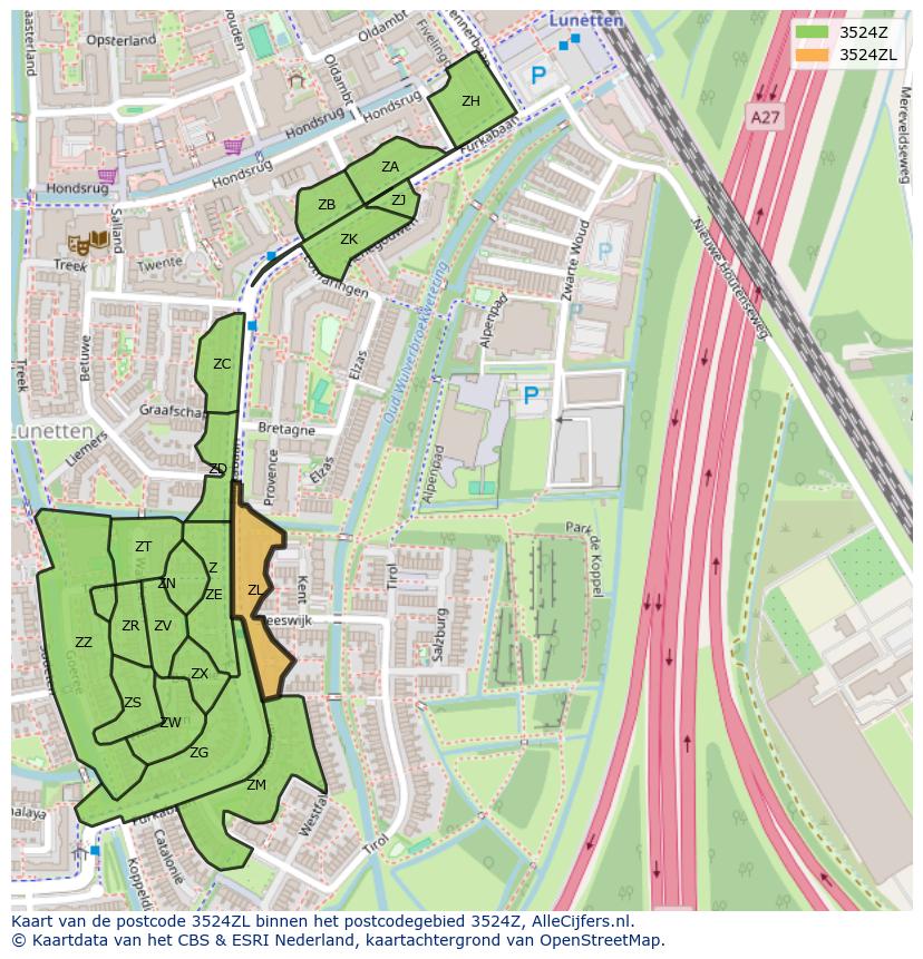 Afbeelding van het postcodegebied 3524 ZL op de kaart.