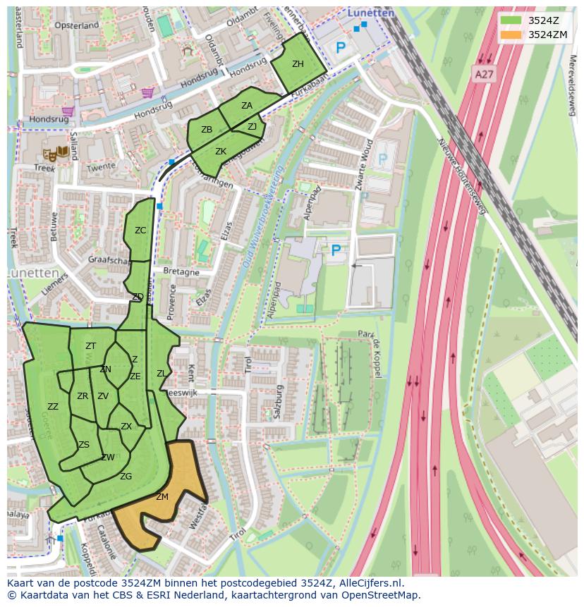 Afbeelding van het postcodegebied 3524 ZM op de kaart.