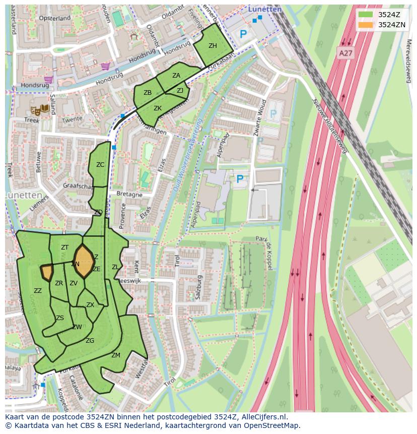 Afbeelding van het postcodegebied 3524 ZN op de kaart.