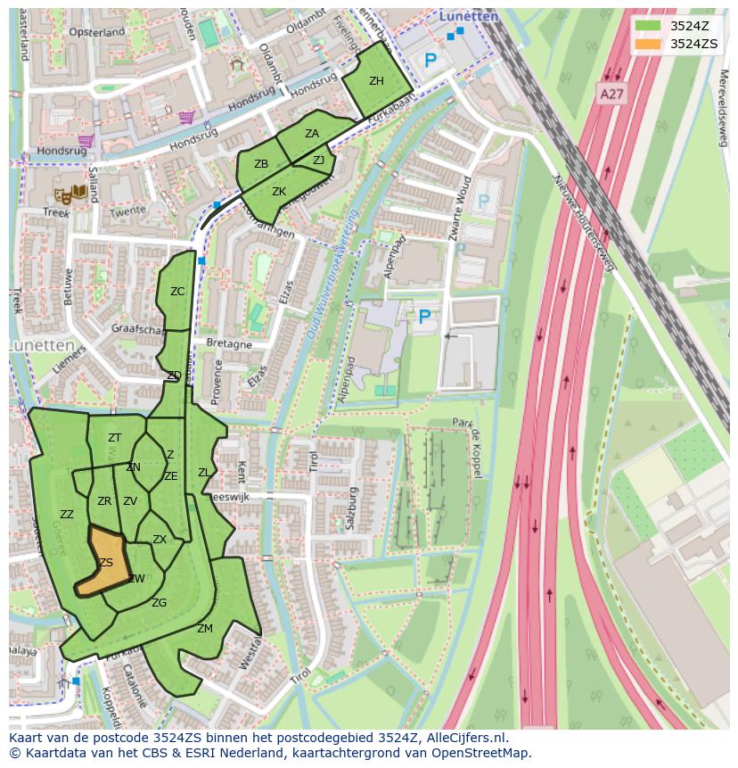 Afbeelding van het postcodegebied 3524 ZS op de kaart.