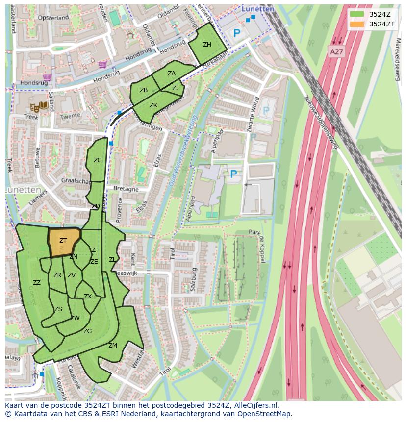 Afbeelding van het postcodegebied 3524 ZT op de kaart.