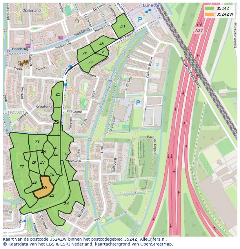 Afbeelding van het postcodegebied 3524 ZW op de kaart.