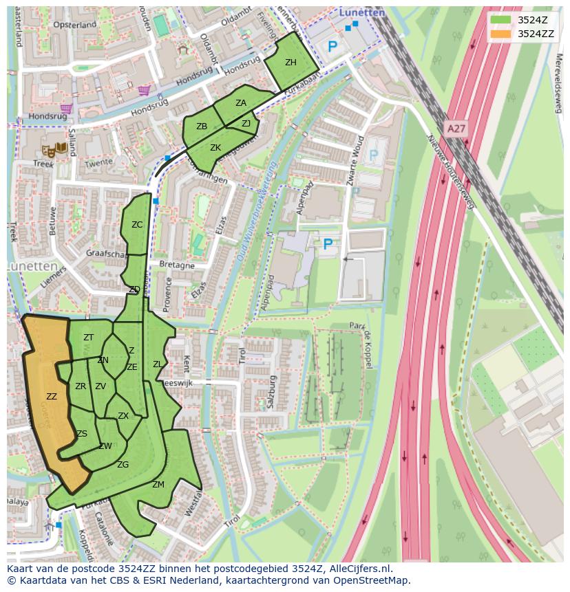 Afbeelding van het postcodegebied 3524 ZZ op de kaart.