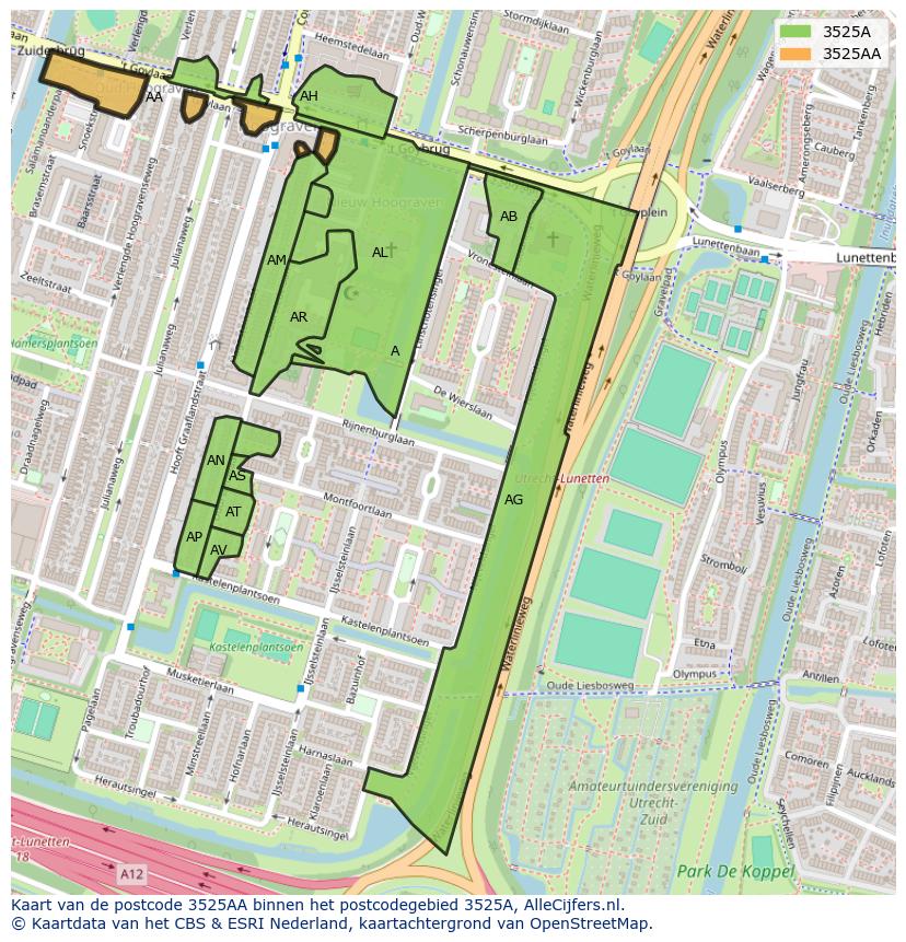 Afbeelding van het postcodegebied 3525 AA op de kaart.