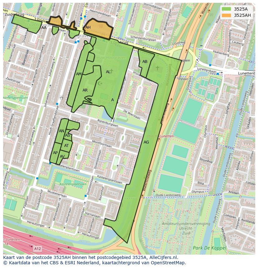 Afbeelding van het postcodegebied 3525 AH op de kaart.