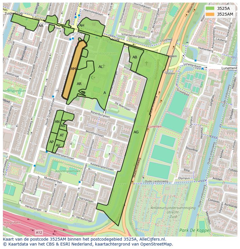 Afbeelding van het postcodegebied 3525 AM op de kaart.
