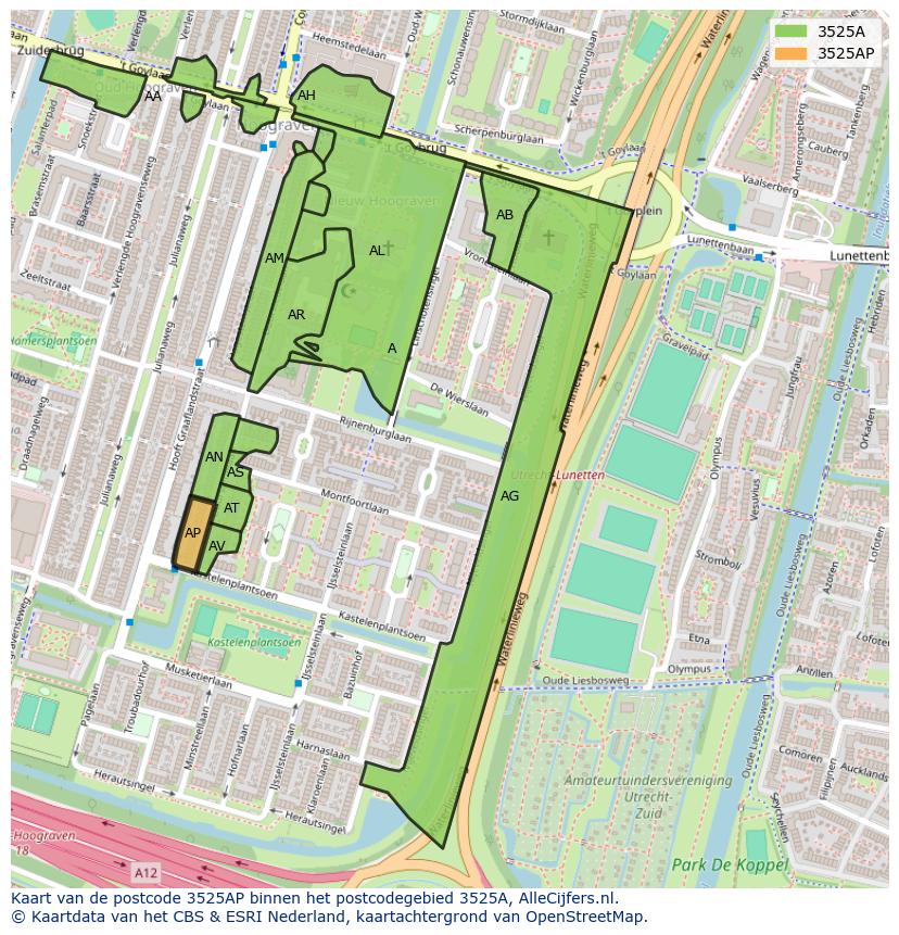 Afbeelding van het postcodegebied 3525 AP op de kaart.