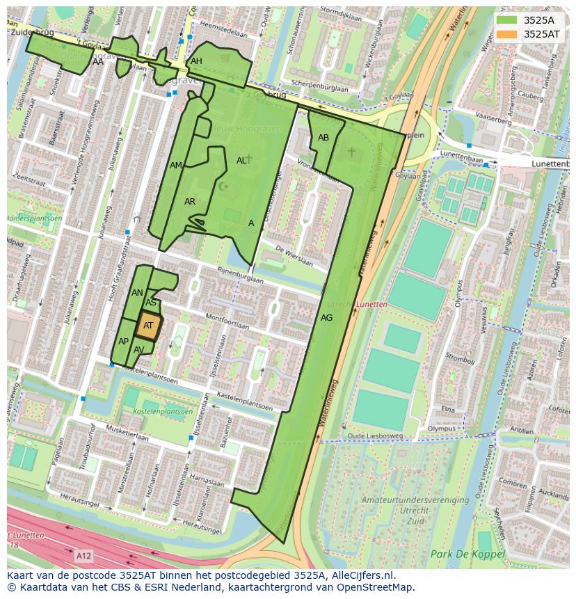 Afbeelding van het postcodegebied 3525 AT op de kaart.
