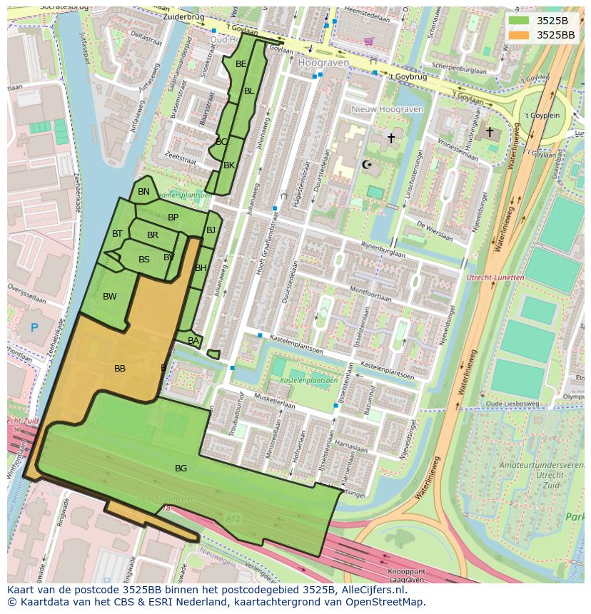 Afbeelding van het postcodegebied 3525 BB op de kaart.